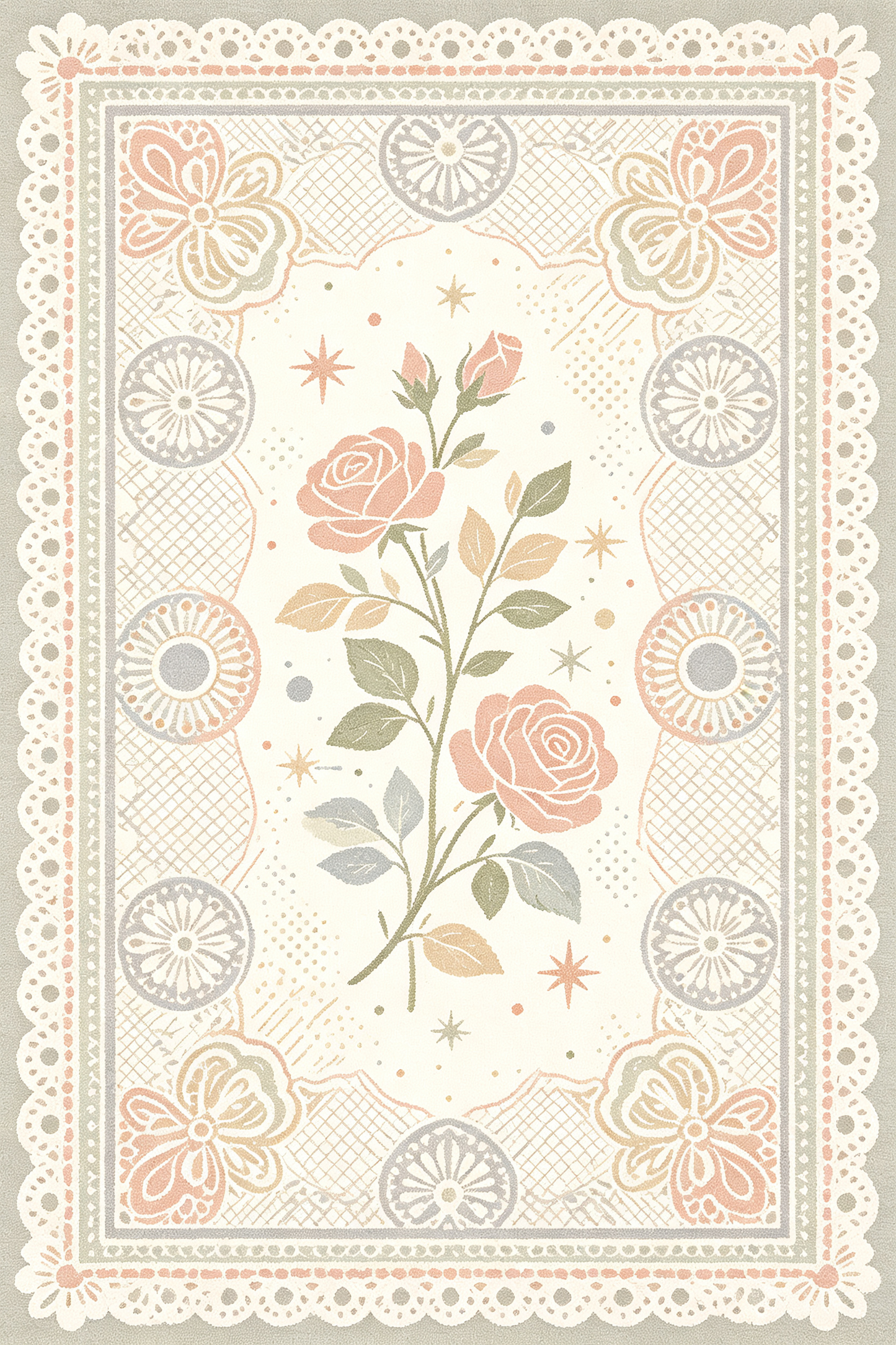 Soft Pastel Rose Lace Style Area Rug