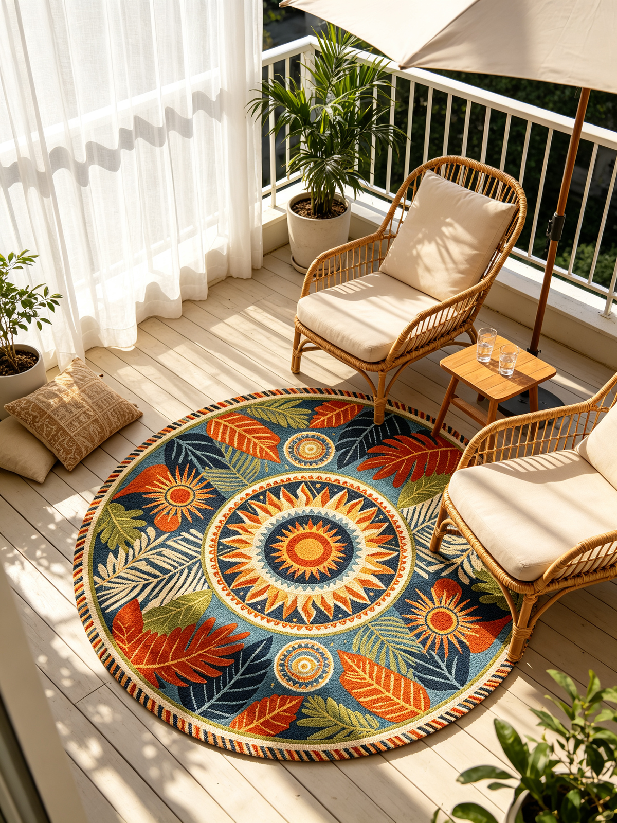 Sun and Leaf Mandala Round Rug