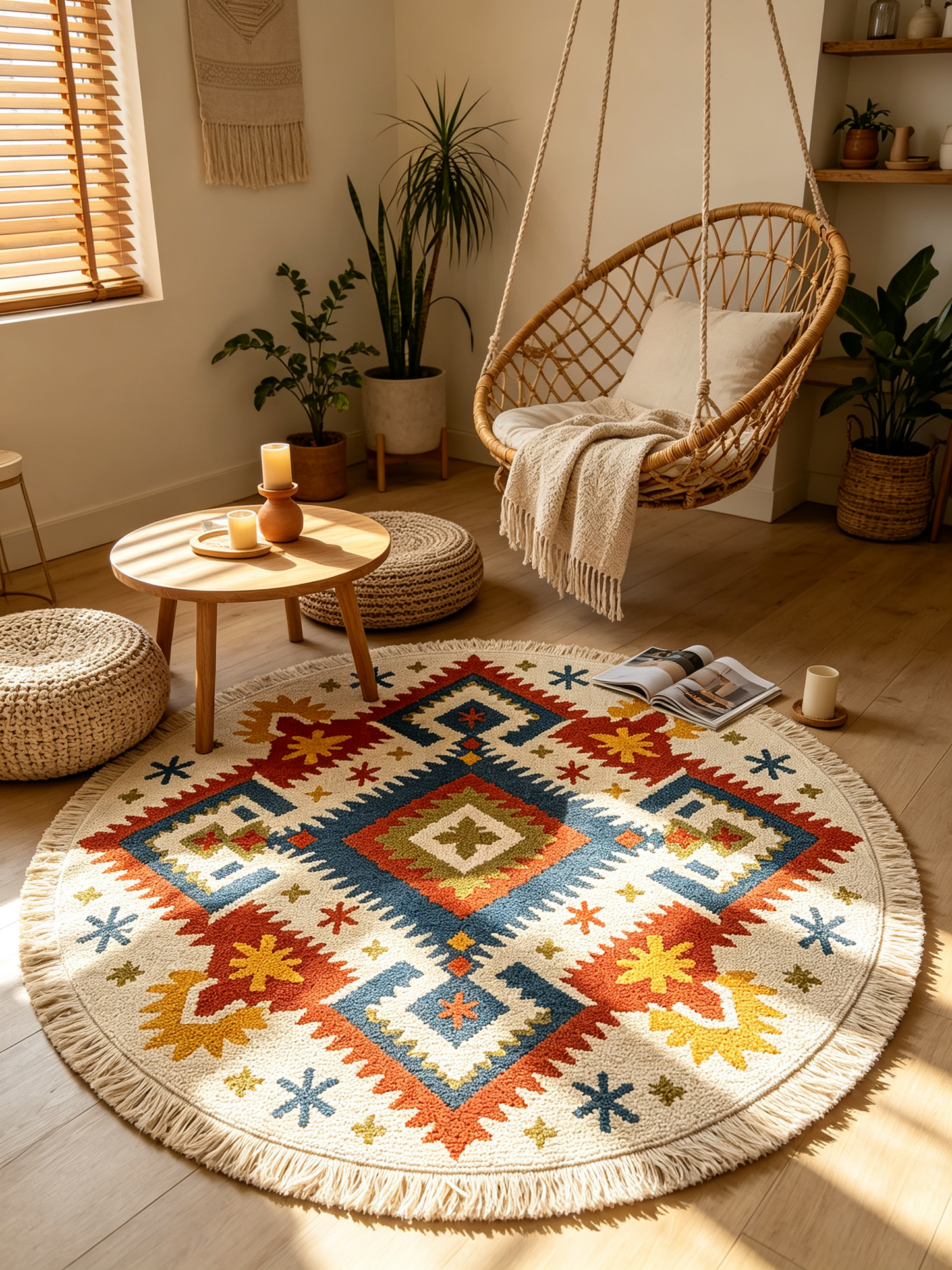 Southwestern Geometric Fringe Round Rug