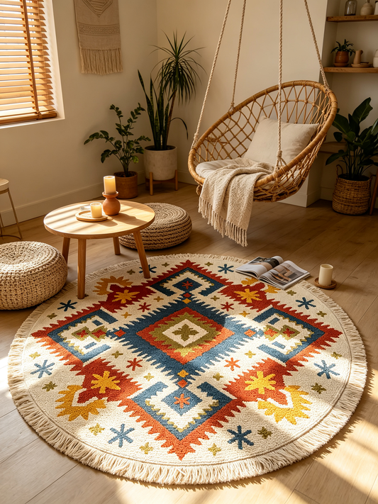 Southwestern Geometric Fringe Round Rug
