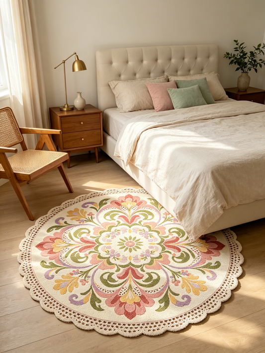Lace Border Vintage Floral Round Rug