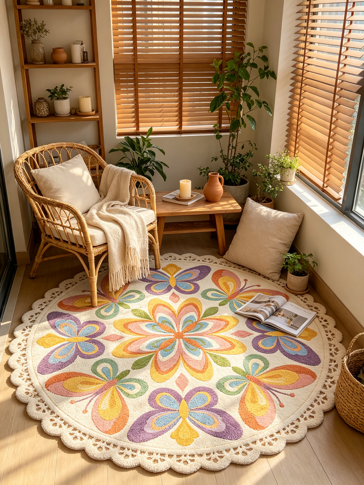 Lace Edge Butterfly Floral Round Rug