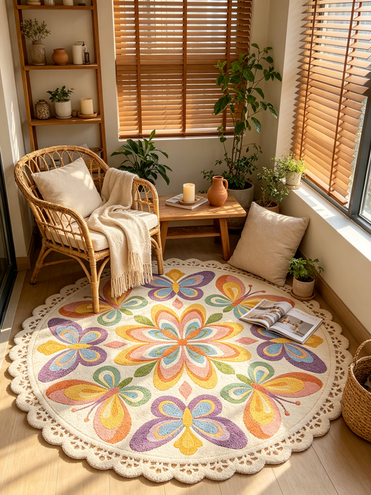 Lace Edge Butterfly Floral Round Rug
