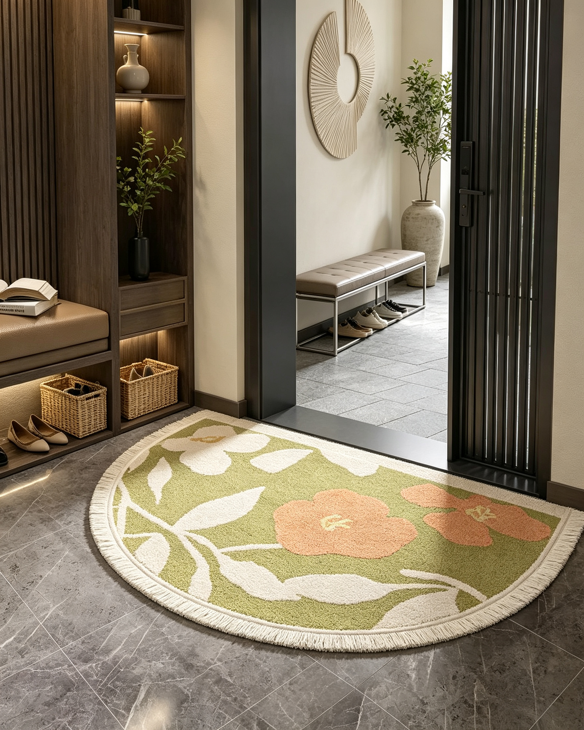 Semi Circle Green Floral Tasseled Area Rug