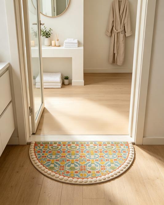 Boho Mosaic Pom Pom Semi Circle Rug