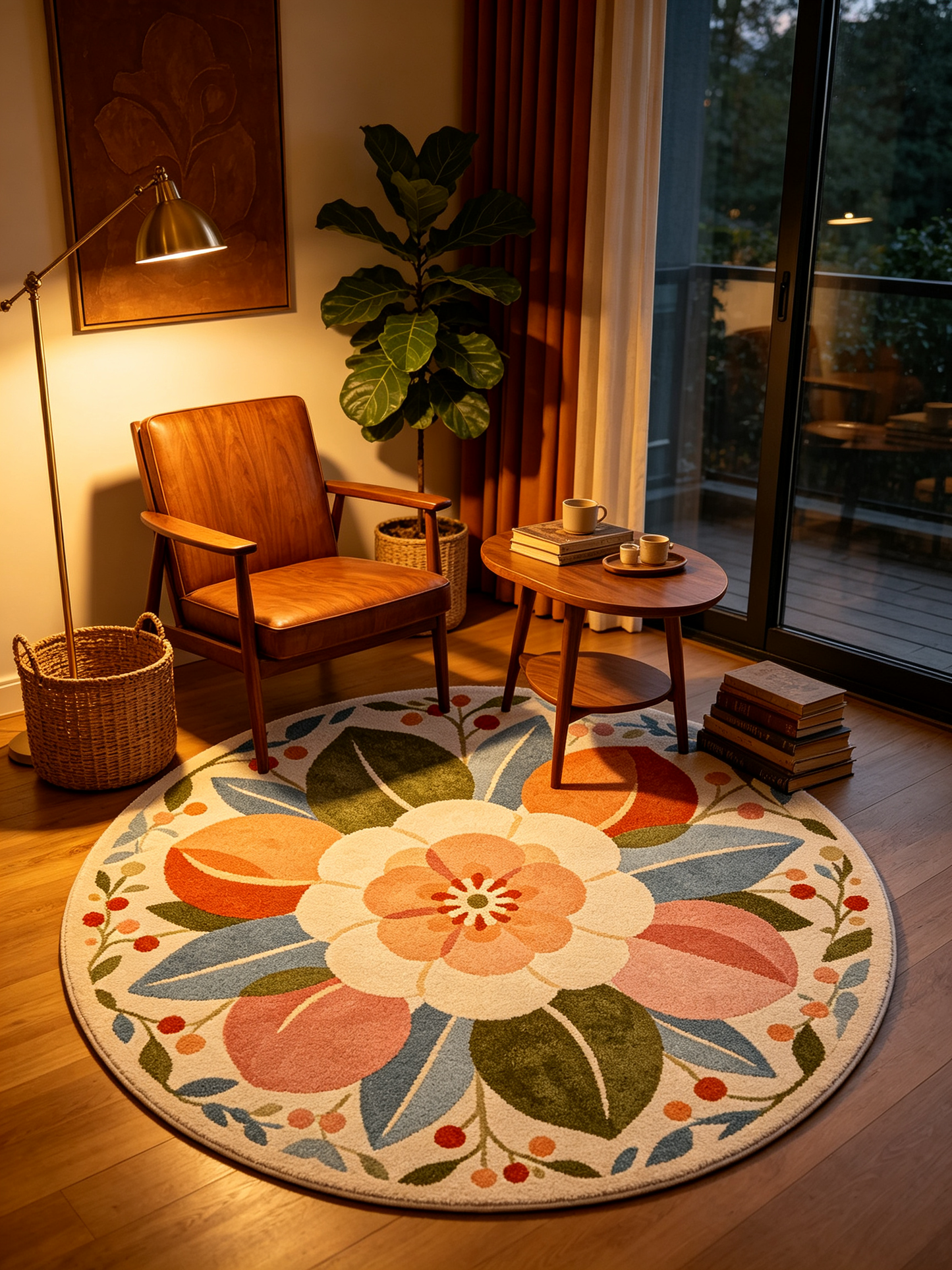 Peach and Floral Botanical Round Rug