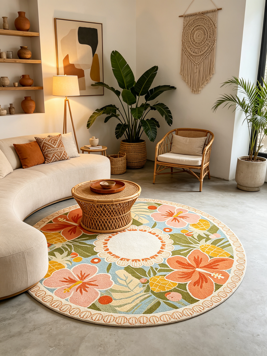 Tropical Hibiscus Pineapple Round Area Rug