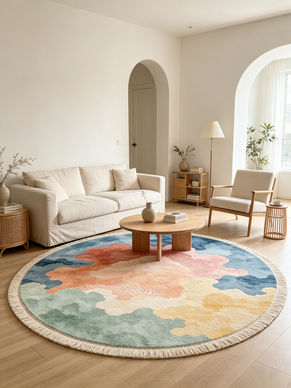 Watercolor Sky Sun Round Tasseled Area Rug