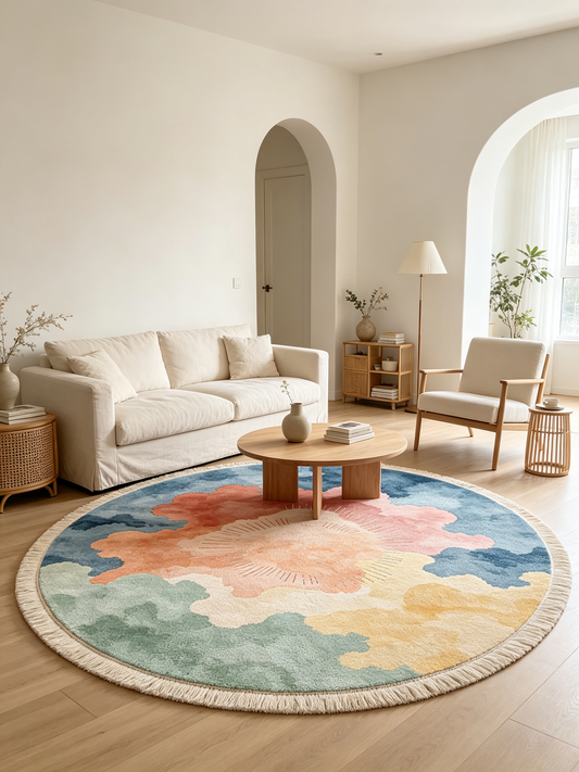 Watercolor Sky Sun Round Tasseled Area Rug