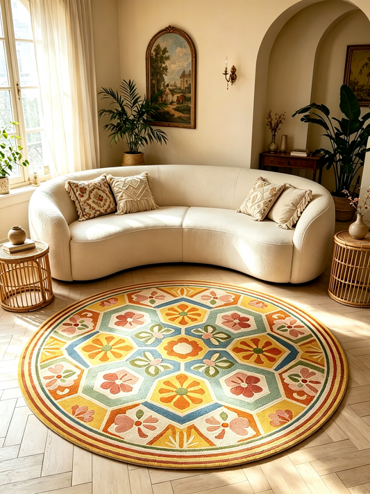 Retro Floral Geometric Hexagon Round Rug