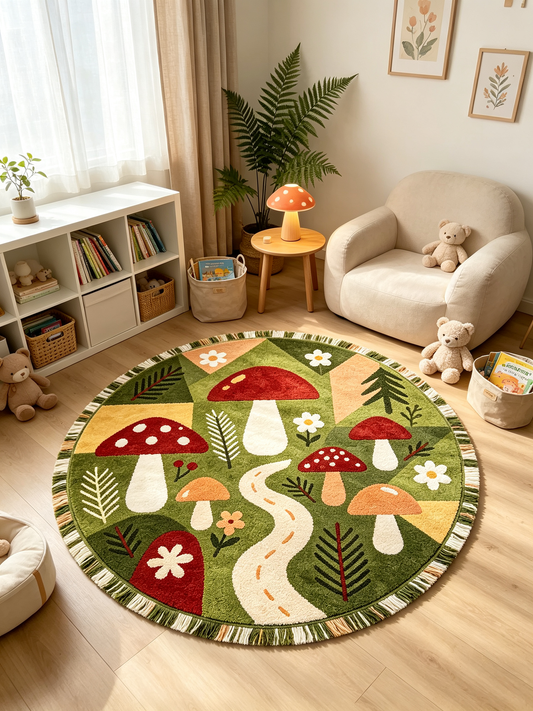 Whimsical Forest Mushroom Round Tasseled Area Rug