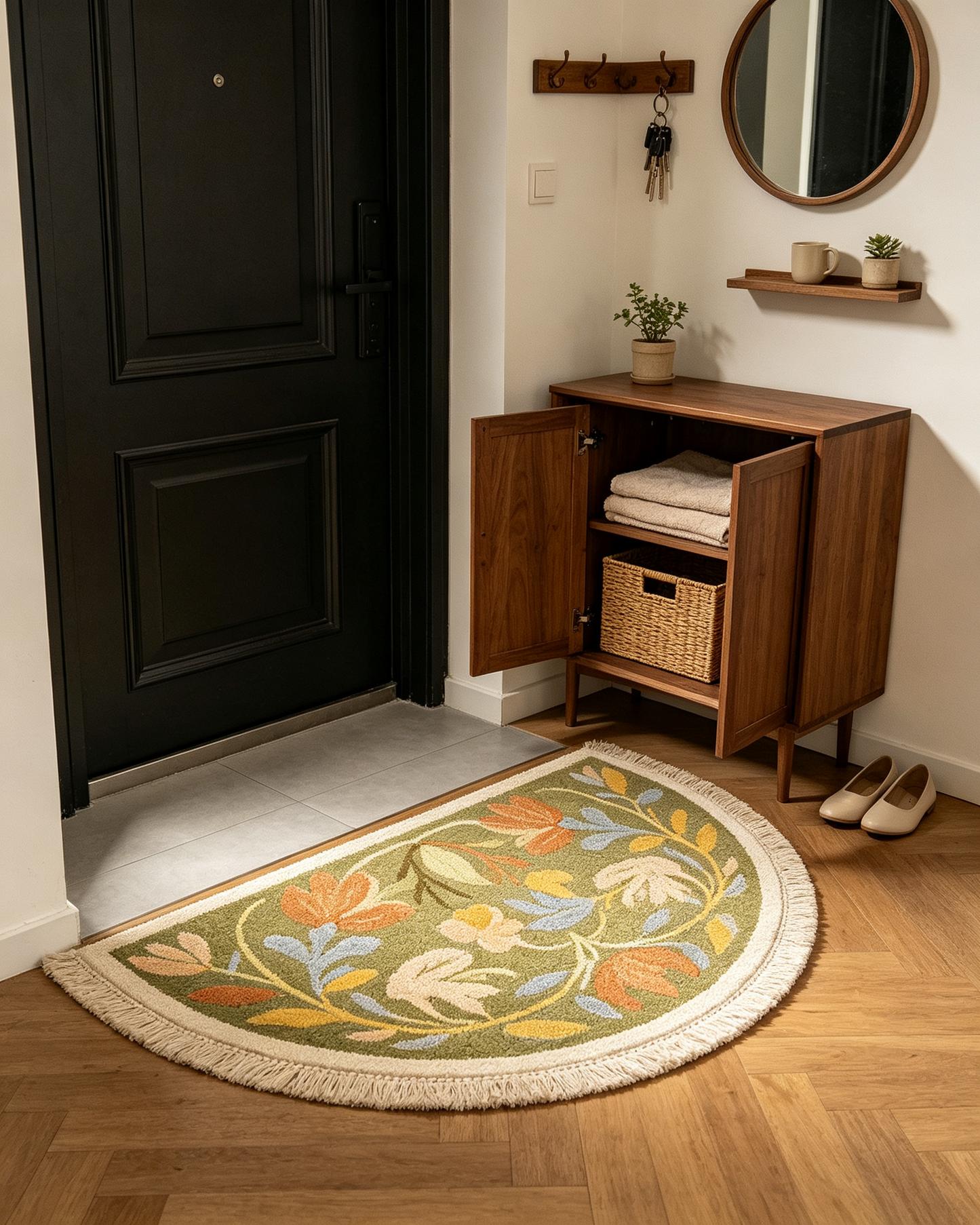 Olive Green Vintage Floral Semi Circle Rug