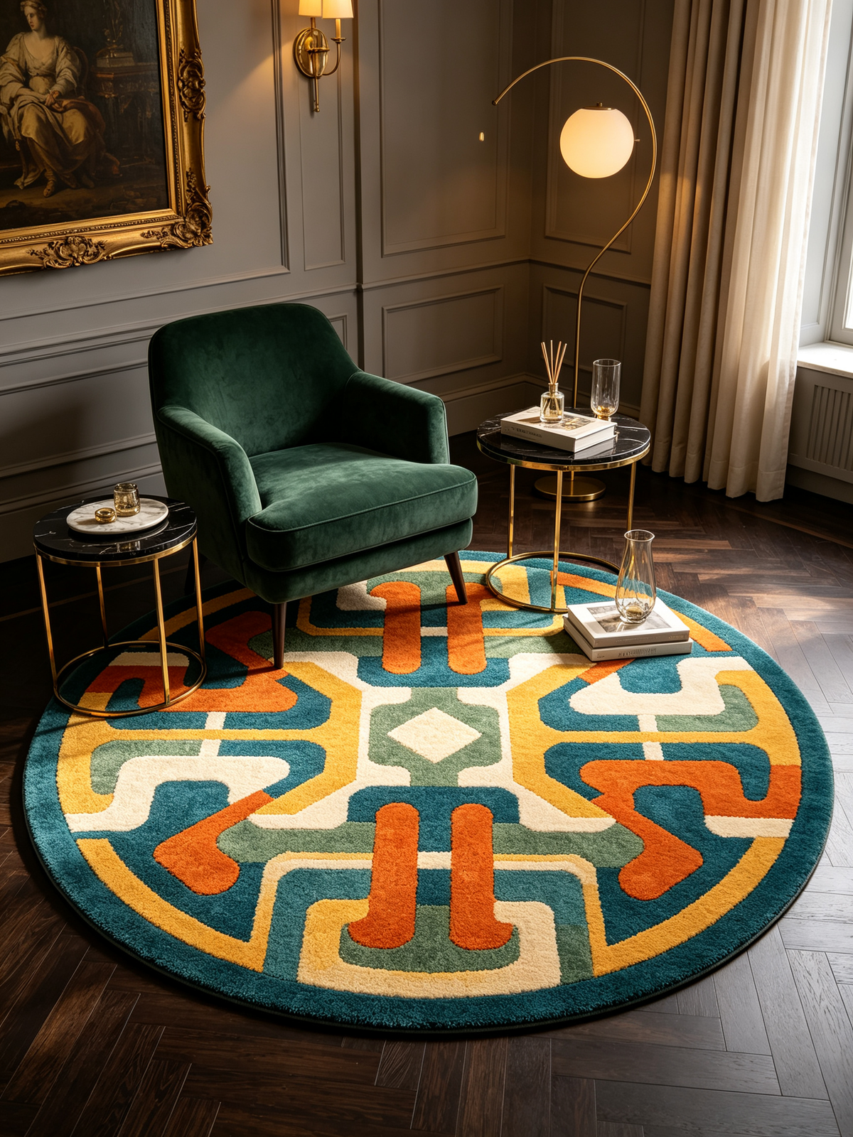 Mid Century Geometric Round Area Rug