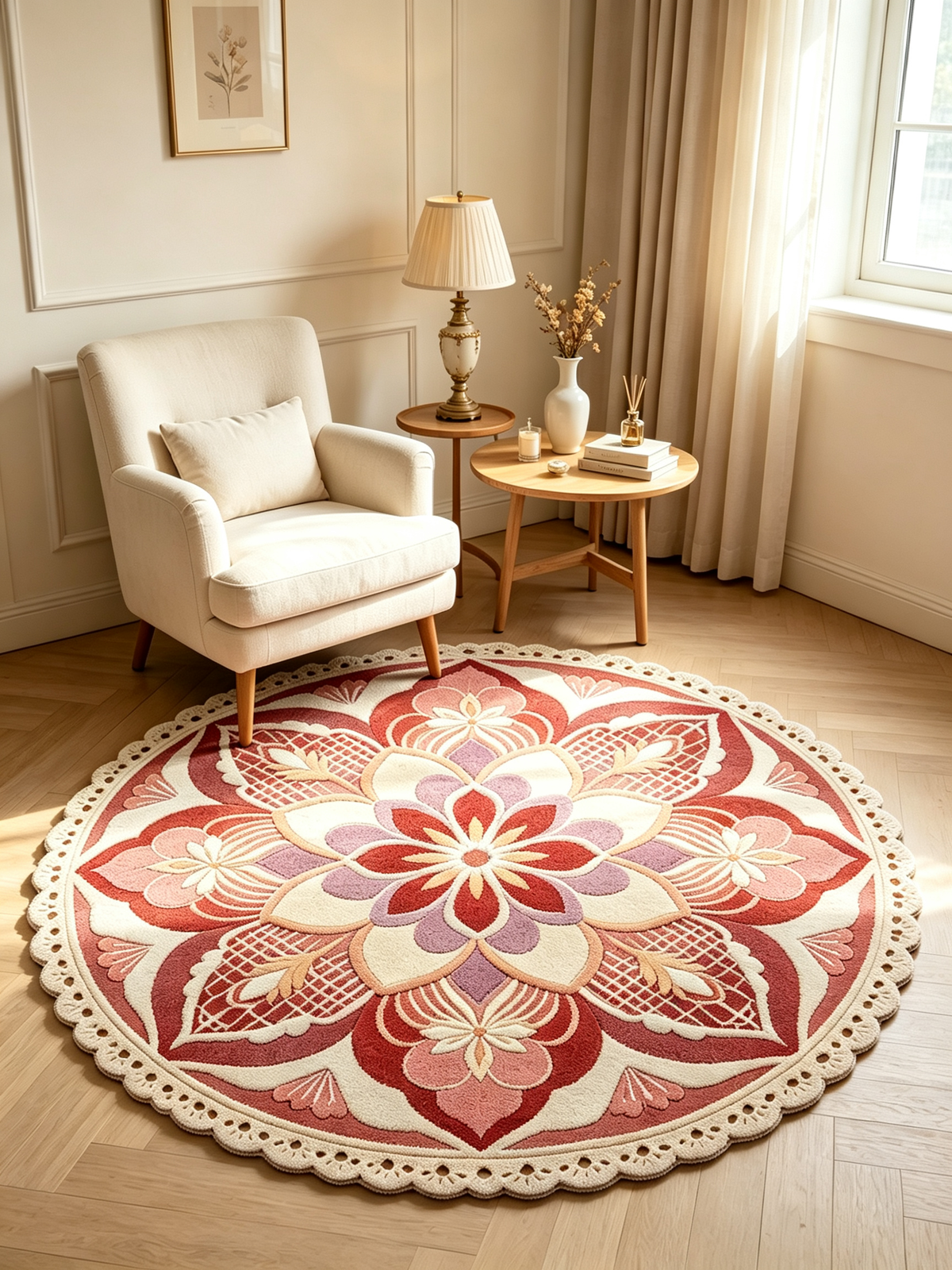 Lace Edge Floral Mandala Round Rug