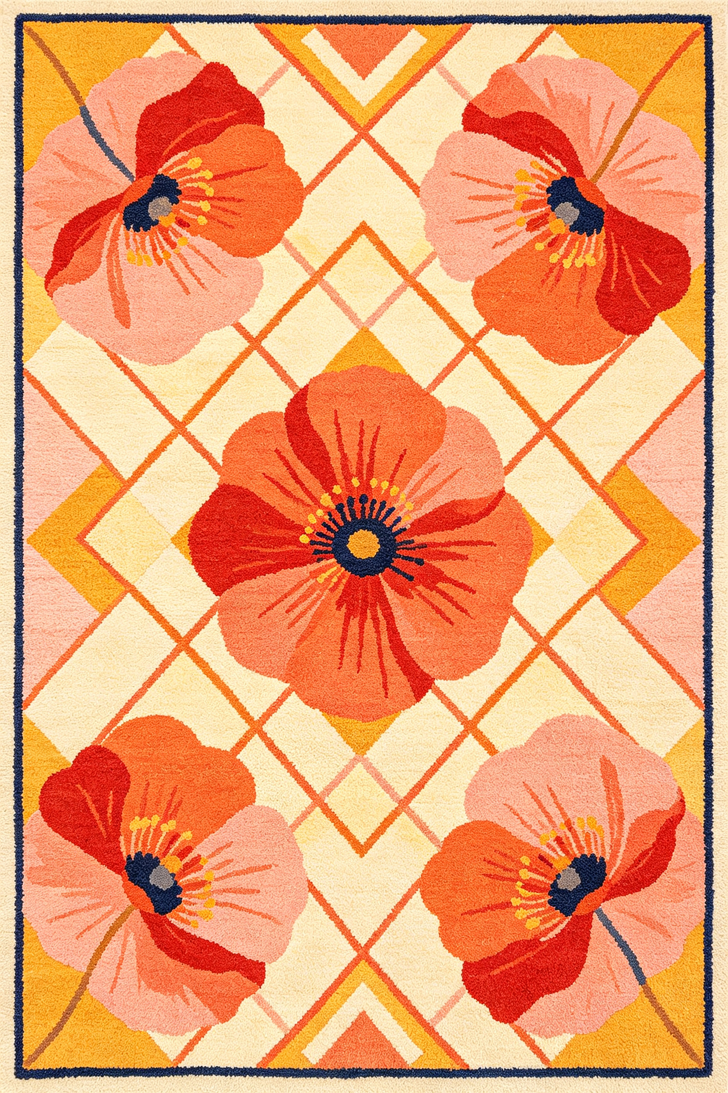 Retro Poppy Floral Diamond Pattern Rug