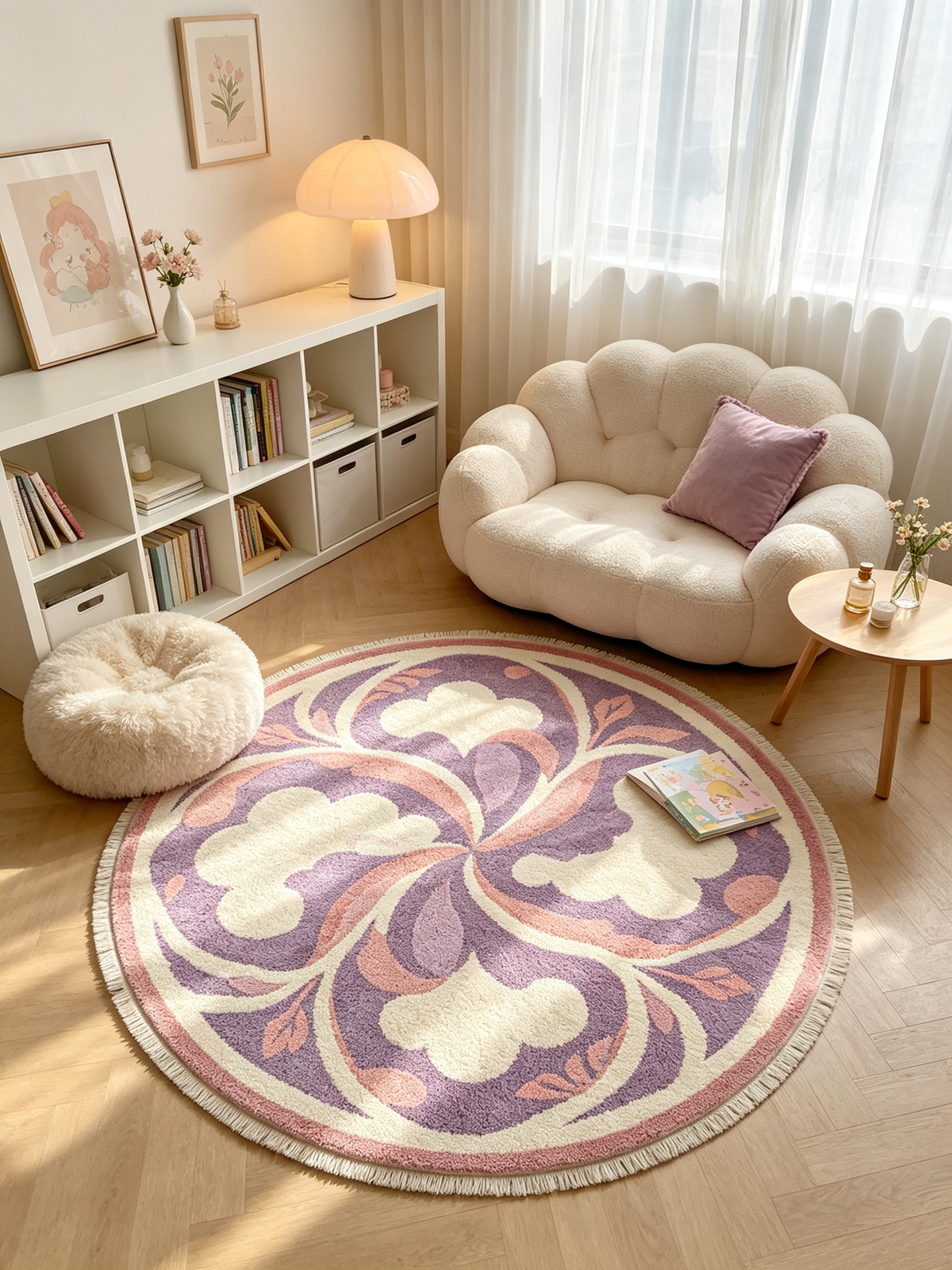 Pastel Swirl Floral Round Rug With Fringe