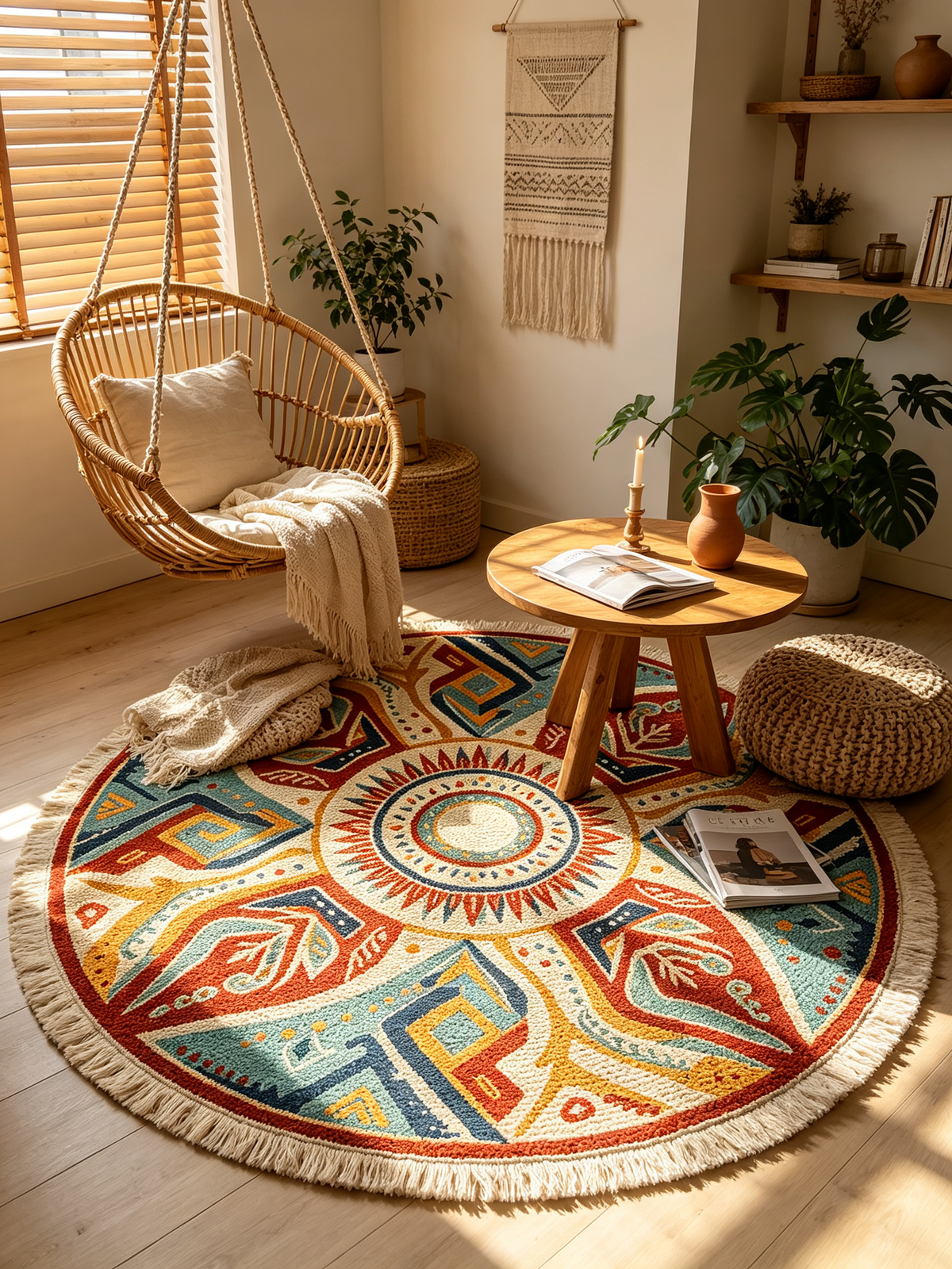 Southwestern Tribal Sun Round Rug With Fringe