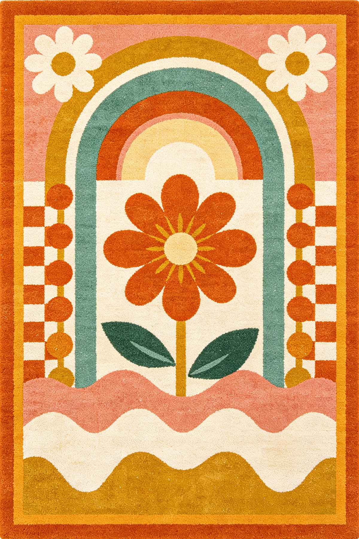 Retro Rainbow Flower Checkerboard Rug