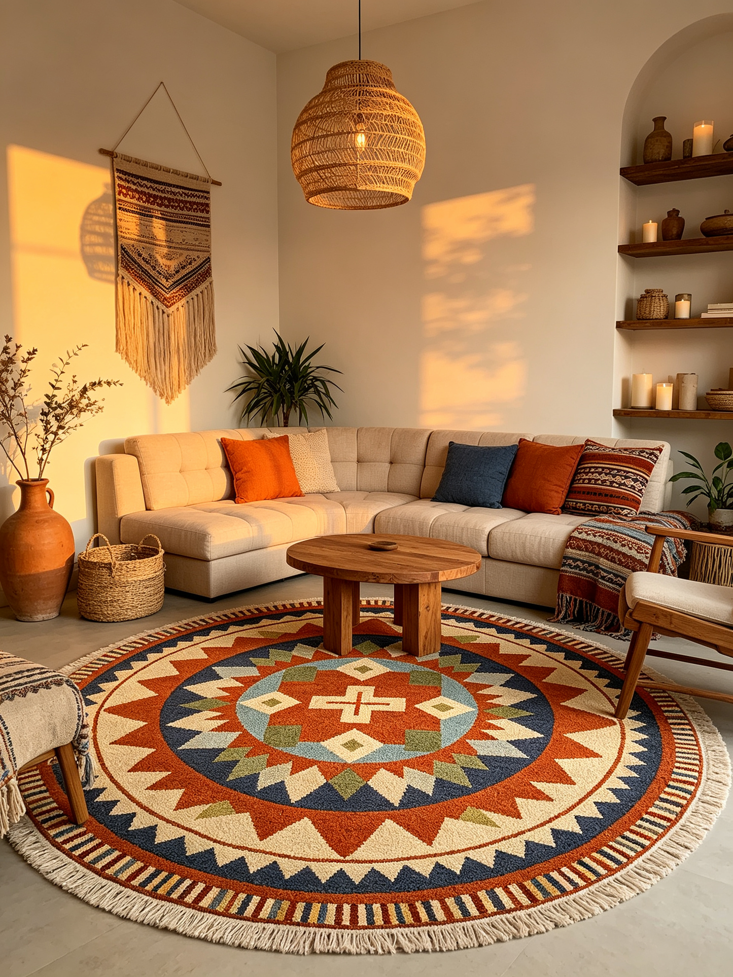 Kilim Style Geometric Round Area Rug
