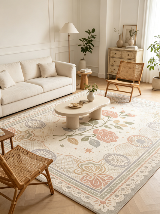Soft Pastel Rose Lace Style Area Rug