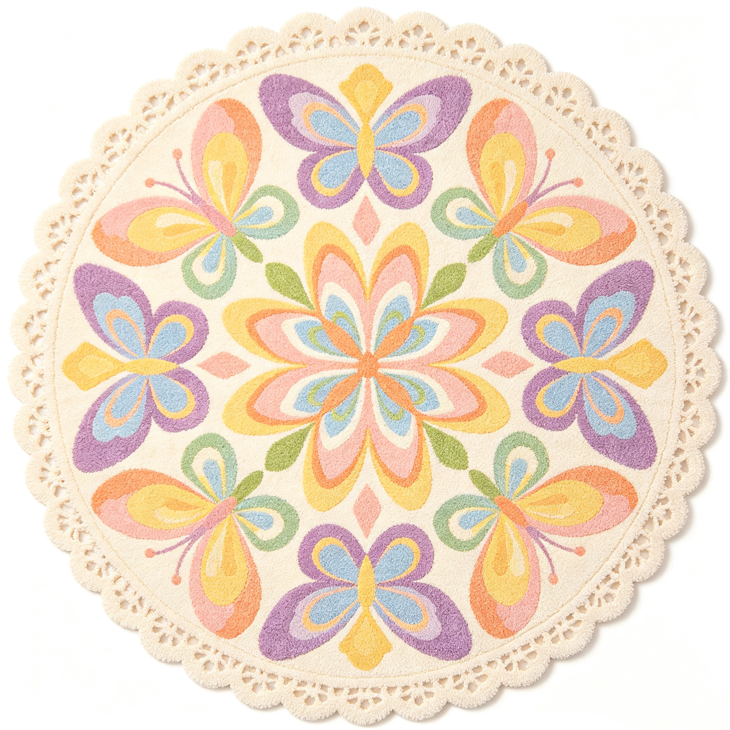 Lace Edge Butterfly Floral Round Rug