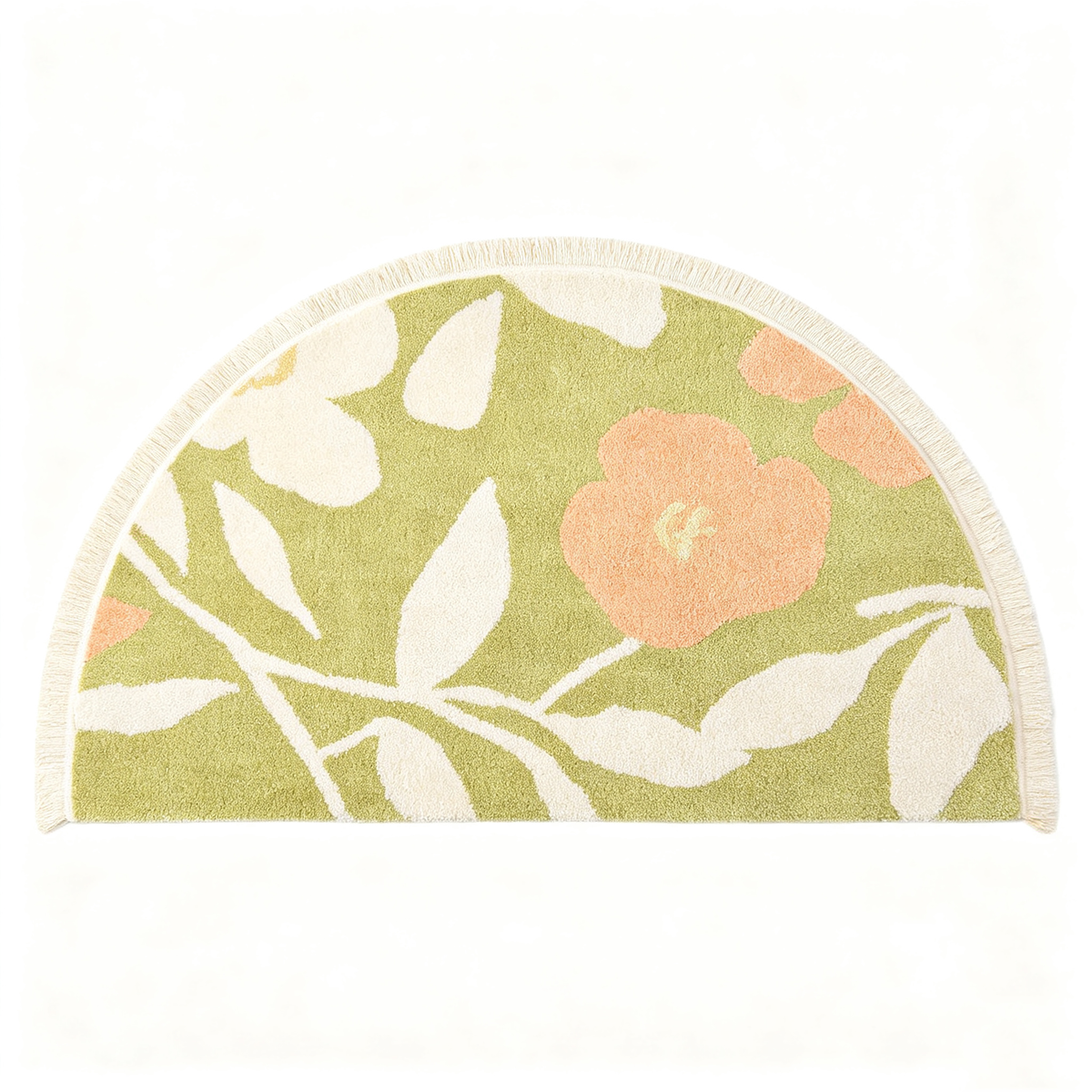 Semi Circle Green Floral Tasseled Area Rug