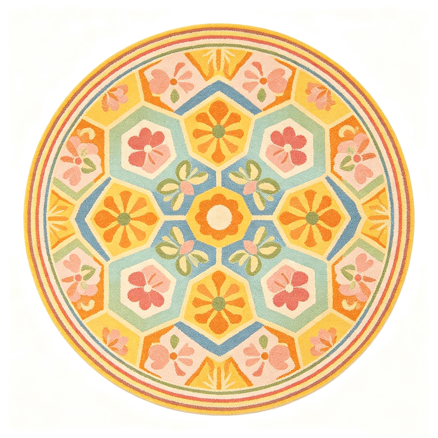 Retro Floral Geometric Hexagon Round Rug