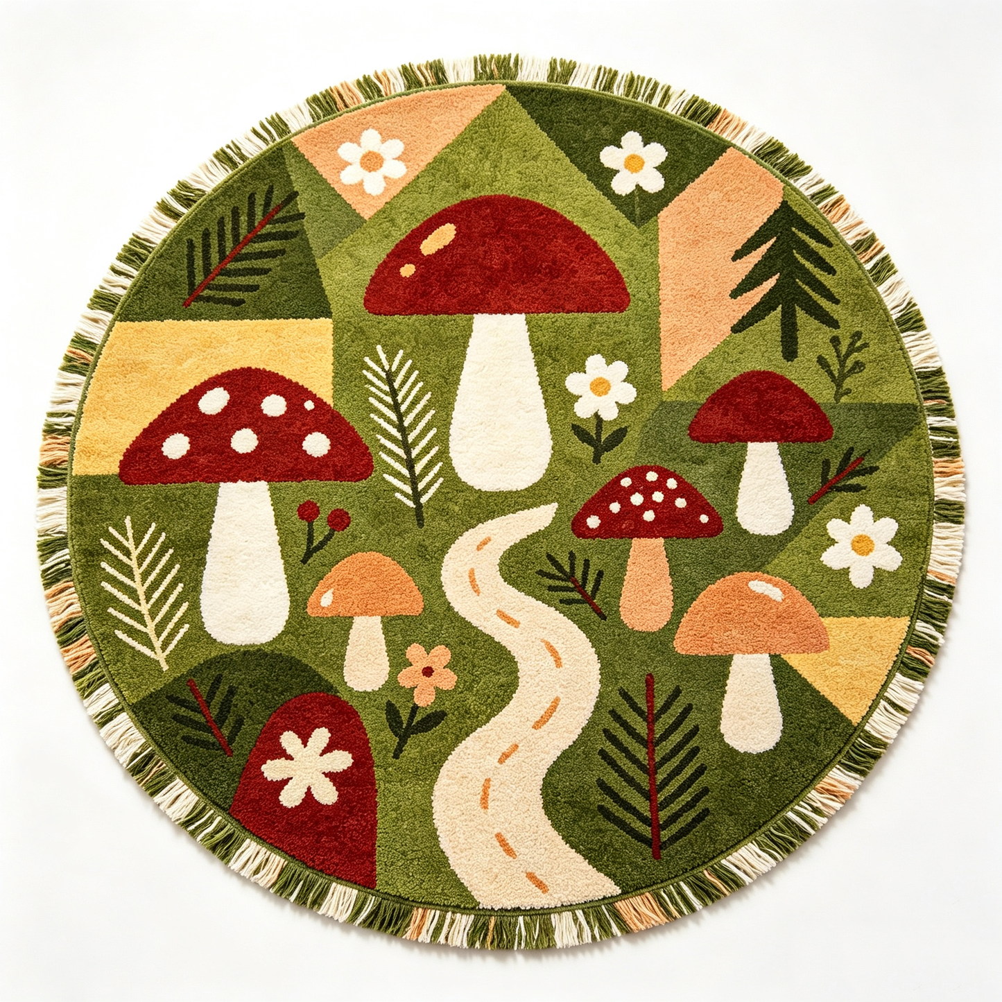 Whimsical Forest Mushroom Round Tasseled Area Rug