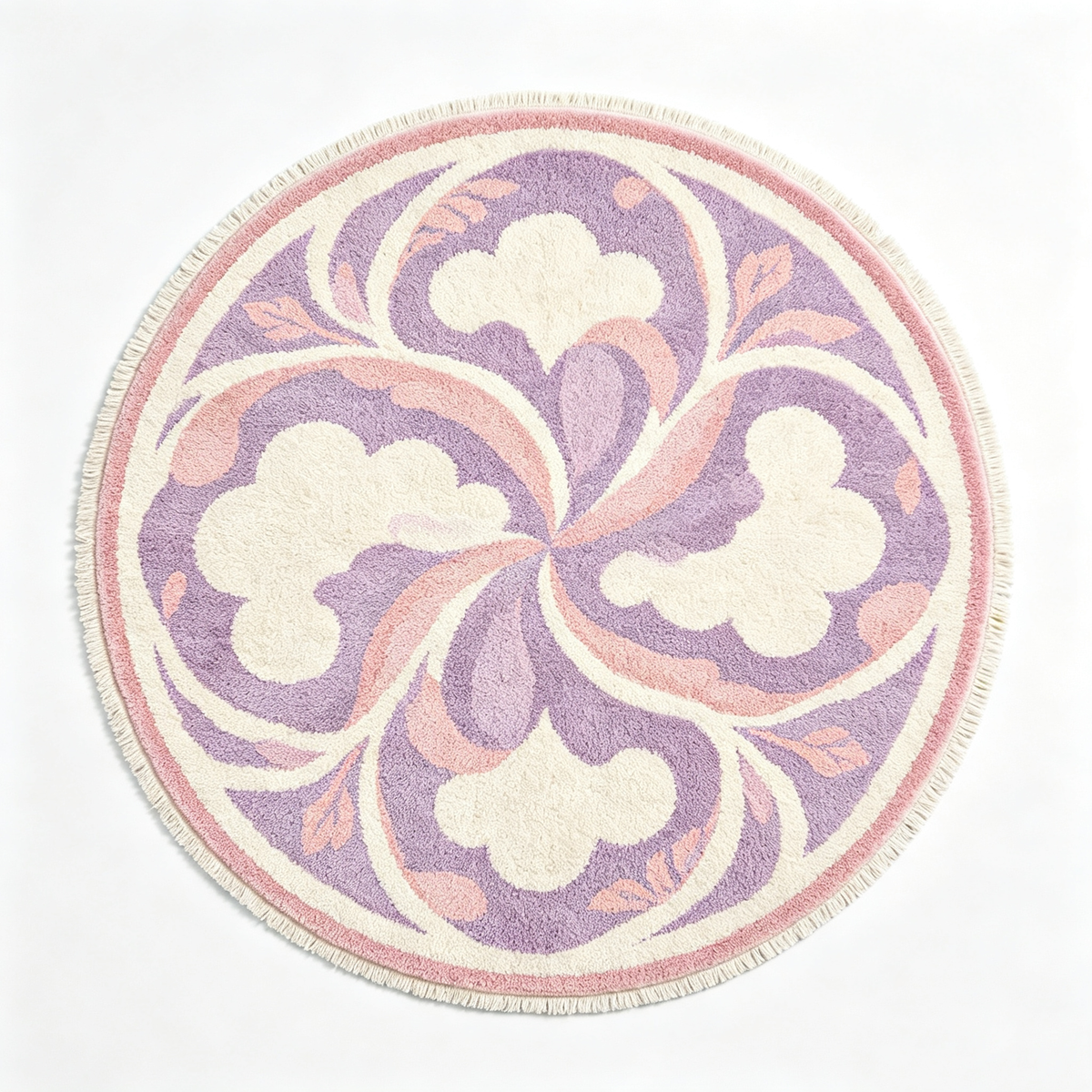 Pastel Swirl Floral Round Rug With Fringe
