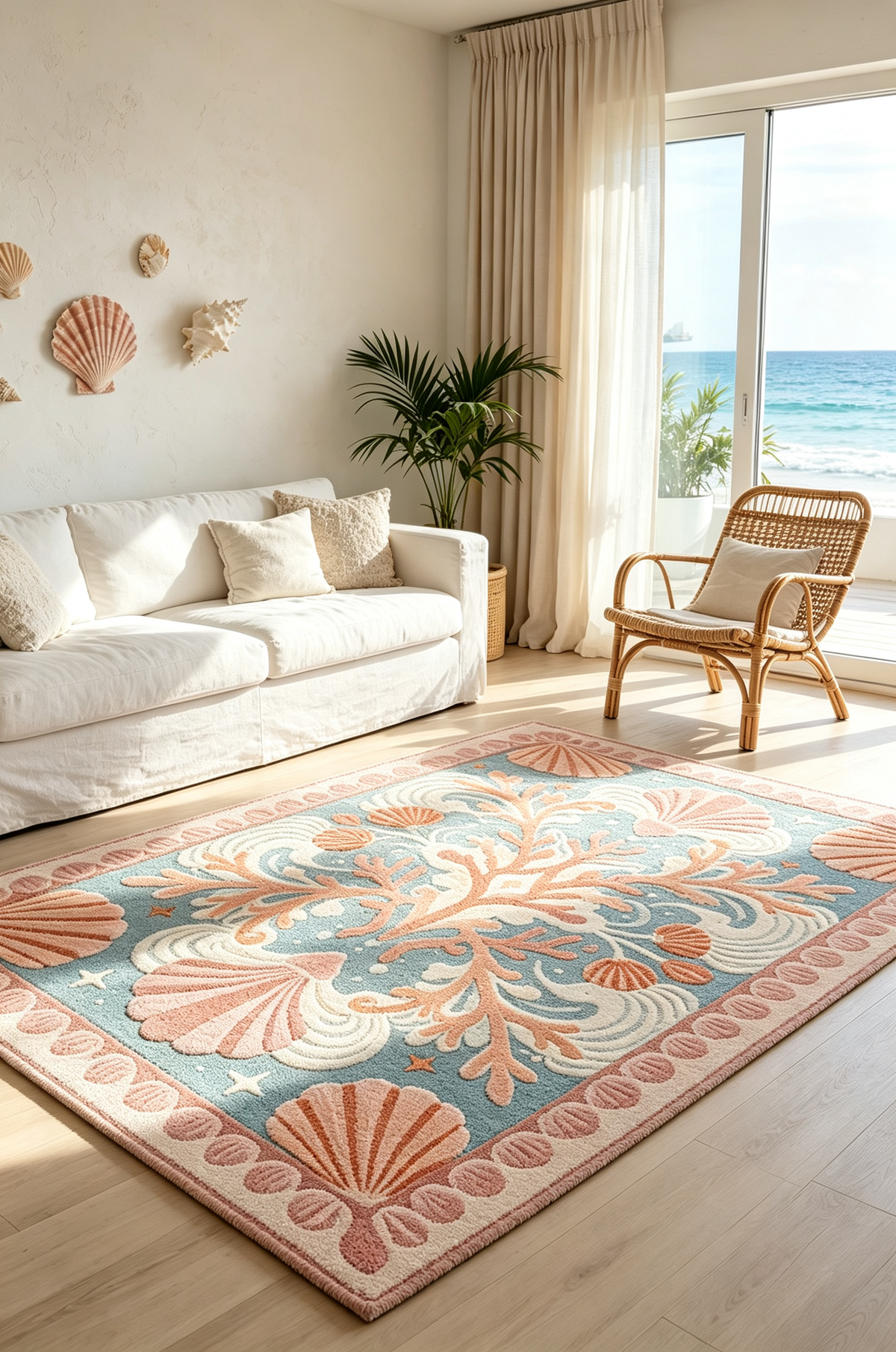 Coastal Coral Seashell Themed Rug