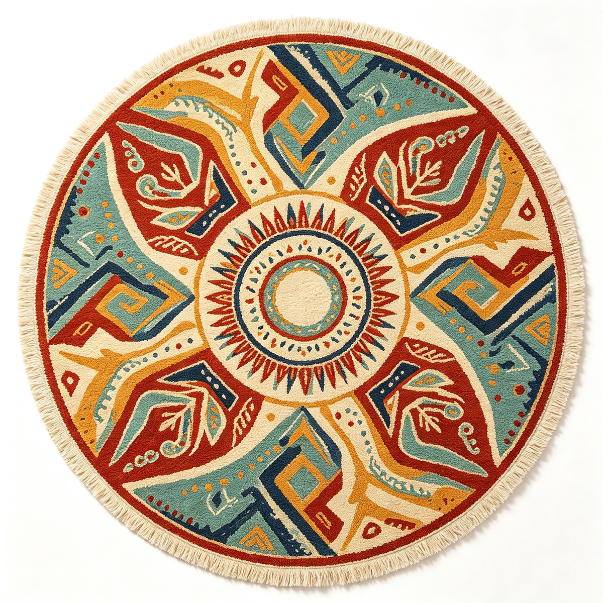 Southwestern Tribal Sun Round Rug With Fringe