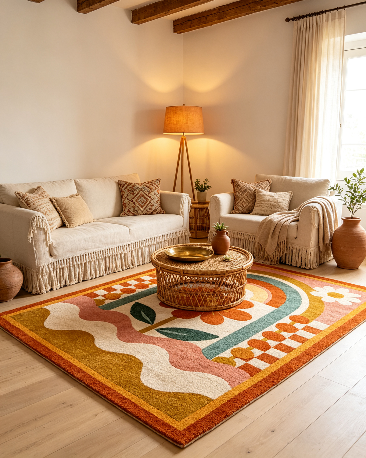 Retro Rainbow Flower Checkerboard Rug
