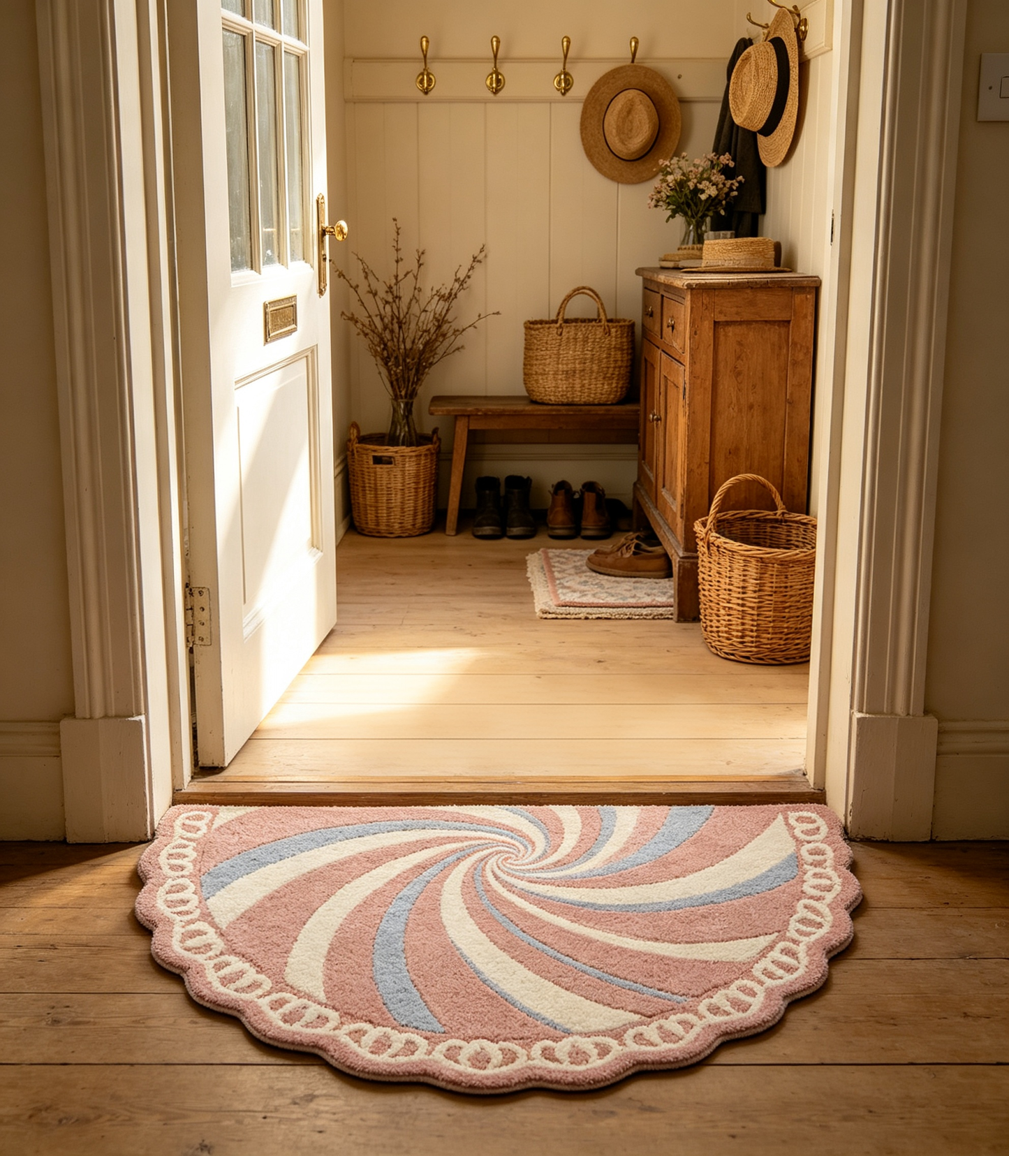 Scalloped Pink Swirl Semi Circle Rug